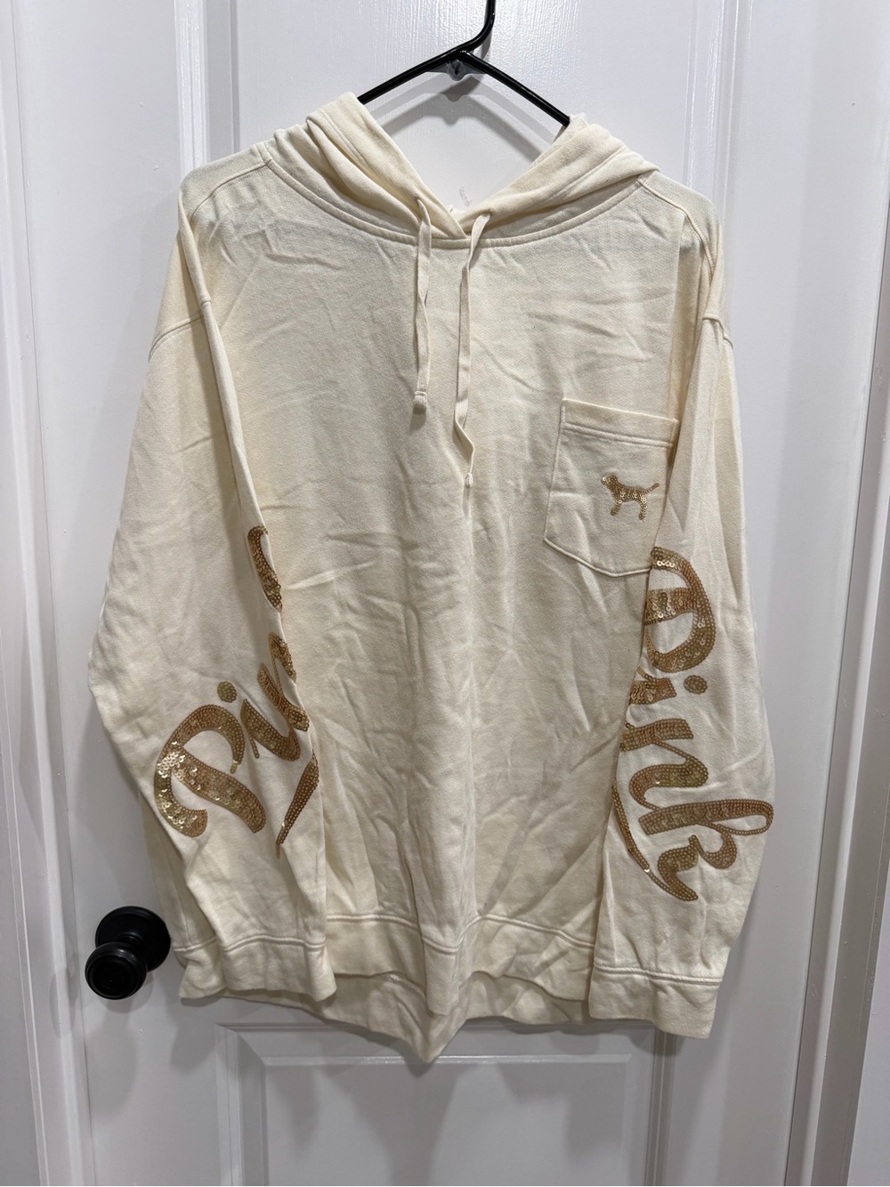 PINK Victoria's Secret Cream Hoodie with Gold Sleeve Script